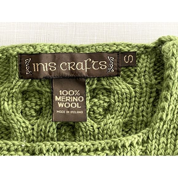 Inis Crafts Sz S Cable Knit Sweater Green Merino Wool Fisherman Ireland Cottage - Picture 10 of 10
